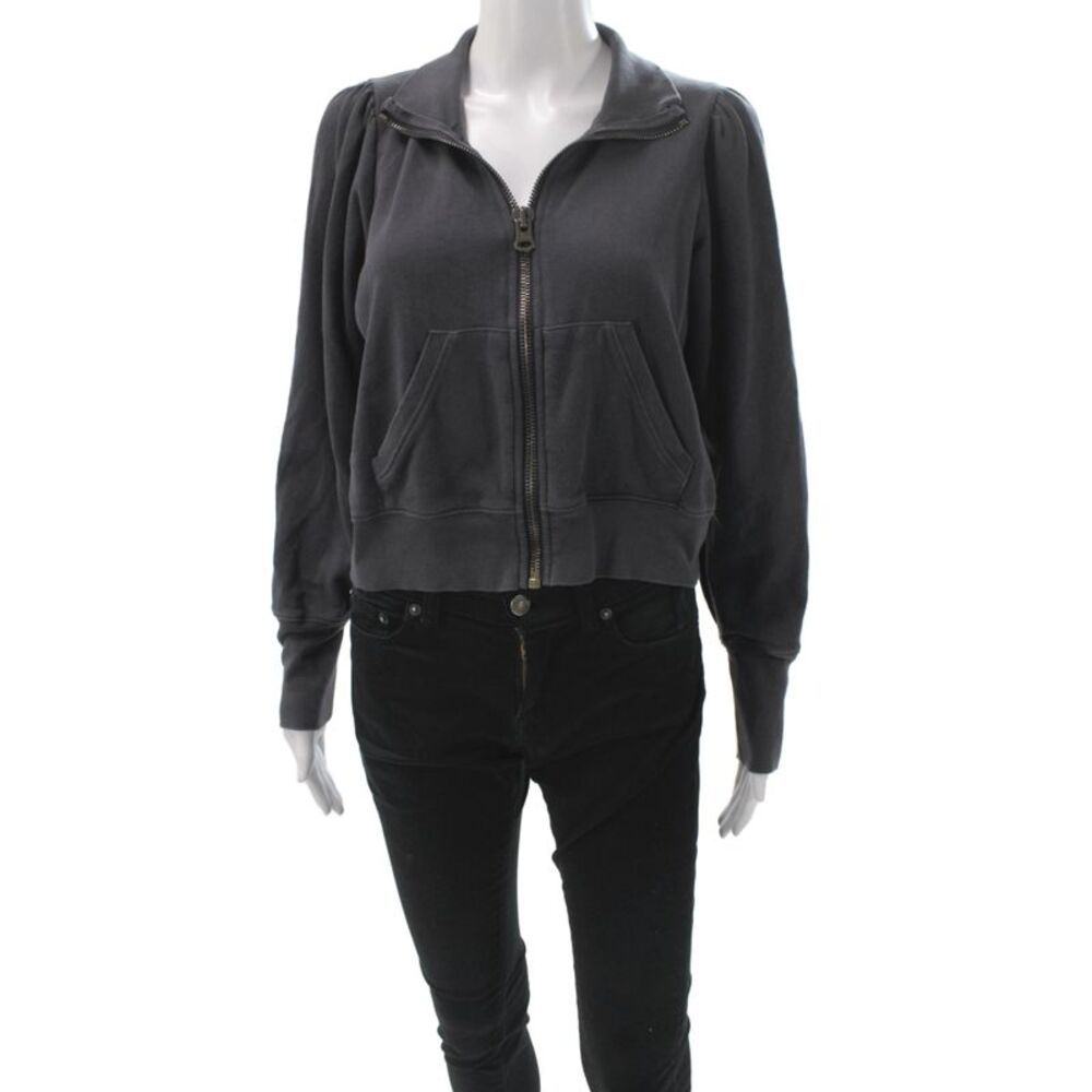 Leallo Womens Full Zip Sweatshirt High Neck Gray Cotton Long Sleeve Size XS